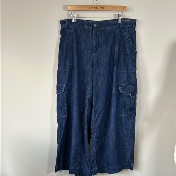 PILCRO Denim Wide Leg Cargo Jean Utility Dark Wash High Waist Organic Sz 16 - Picture 3 of 16